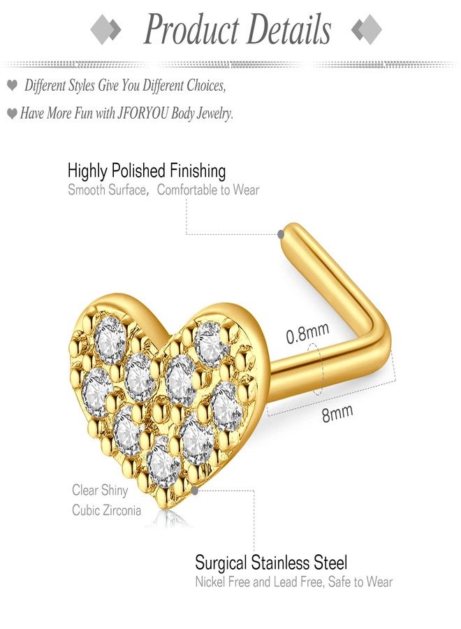 JFORYOU 18PCS Gold Nose Rings Hoops Studs 20G Hypoallergenic Nose Hoops Stainless Steel L-Shaped Nose Studs for Women Men Clear CZ Heart Moon Butterfly Snake Nose Piercing Jewelry - Image 5